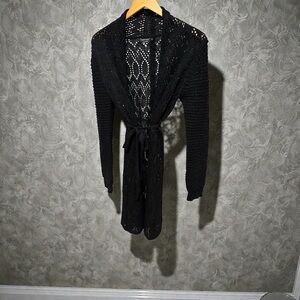 Vertigo long black Women's Knit Cardigan with belt. Sz M. NWOT